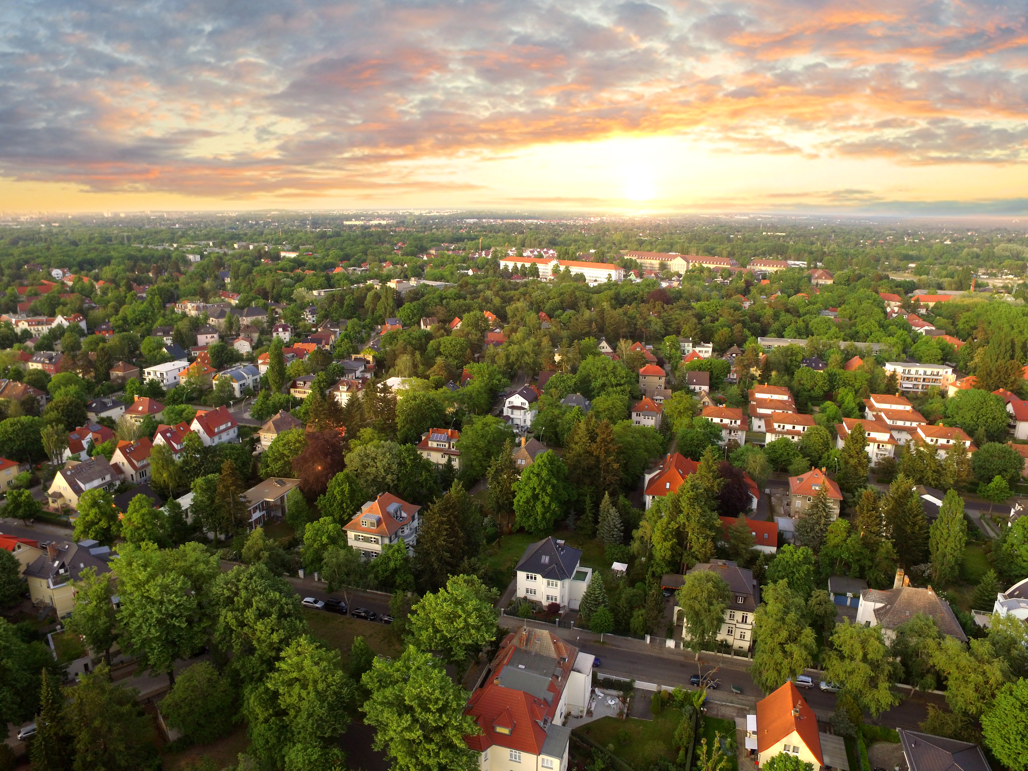 overhead shot of a residential area with green trees at sunset